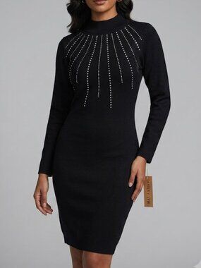 NWT Hailey Lyn Black Embellished Rhinestone Sweater Dress Long Sleeve Size PL.